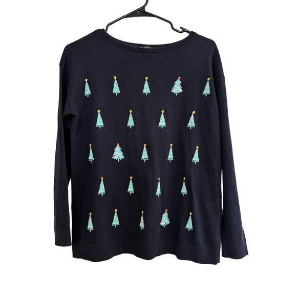 Talbots Navy Crew Neck Embroidered Christmas Tree Holiday Sweater SP Winter - Picture 10 of 11